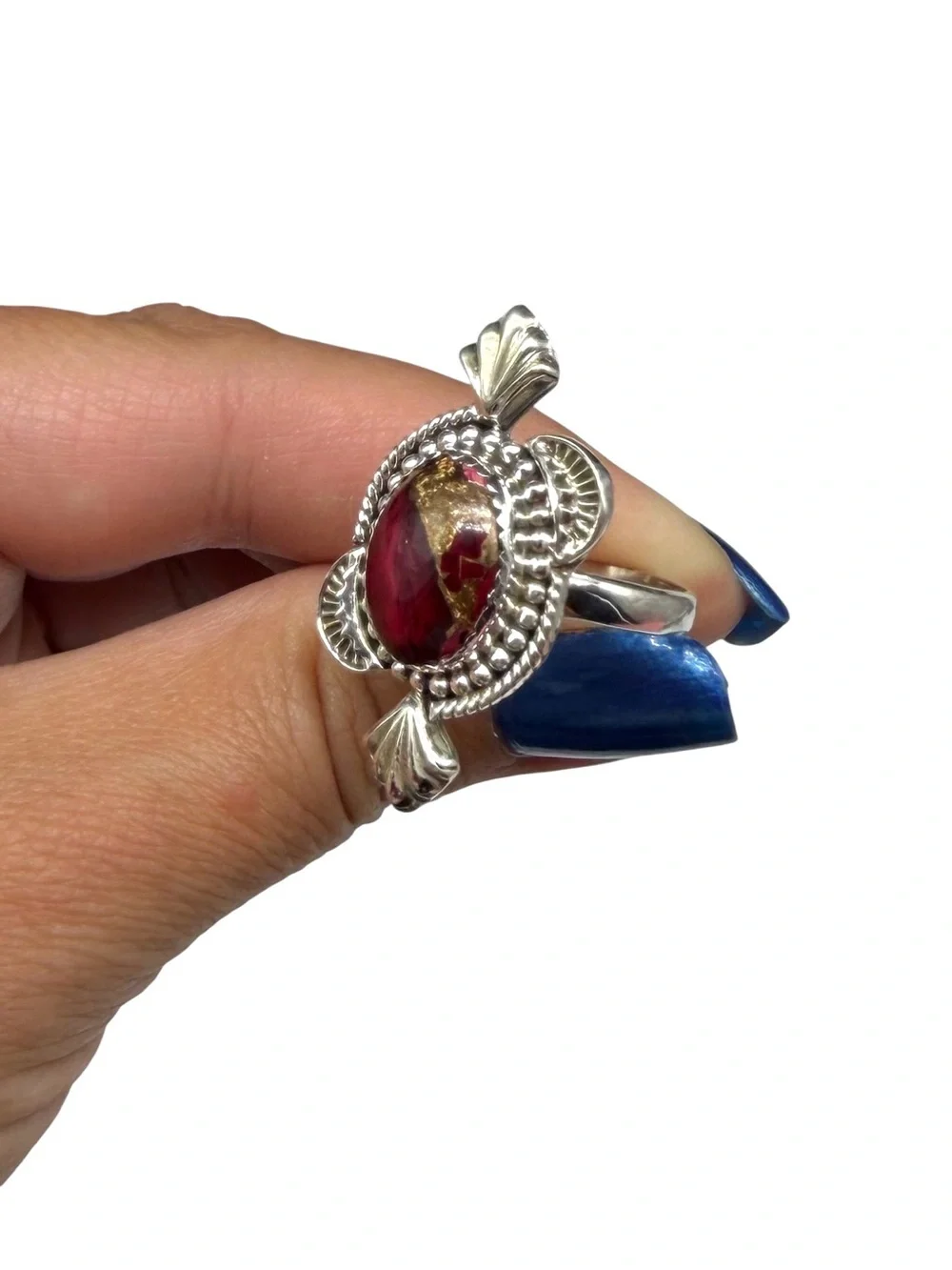 Red Rose Dahlia Kingman Turquoise Ring 925 Sterling Silver Adjustable Size 7 - 9